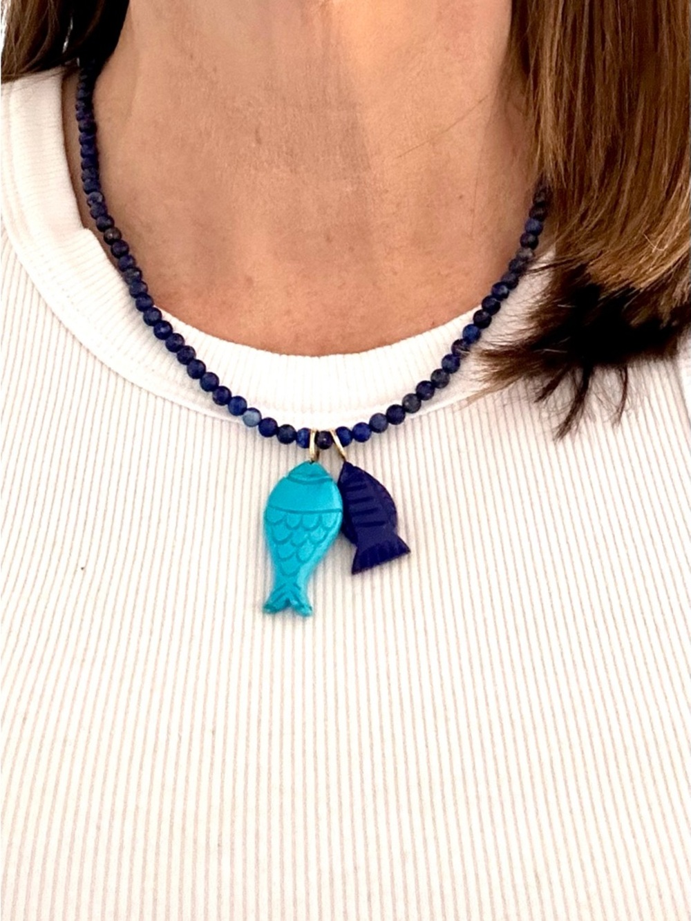 Lapis beaded necklace with lapis & turquoise Fish Charms